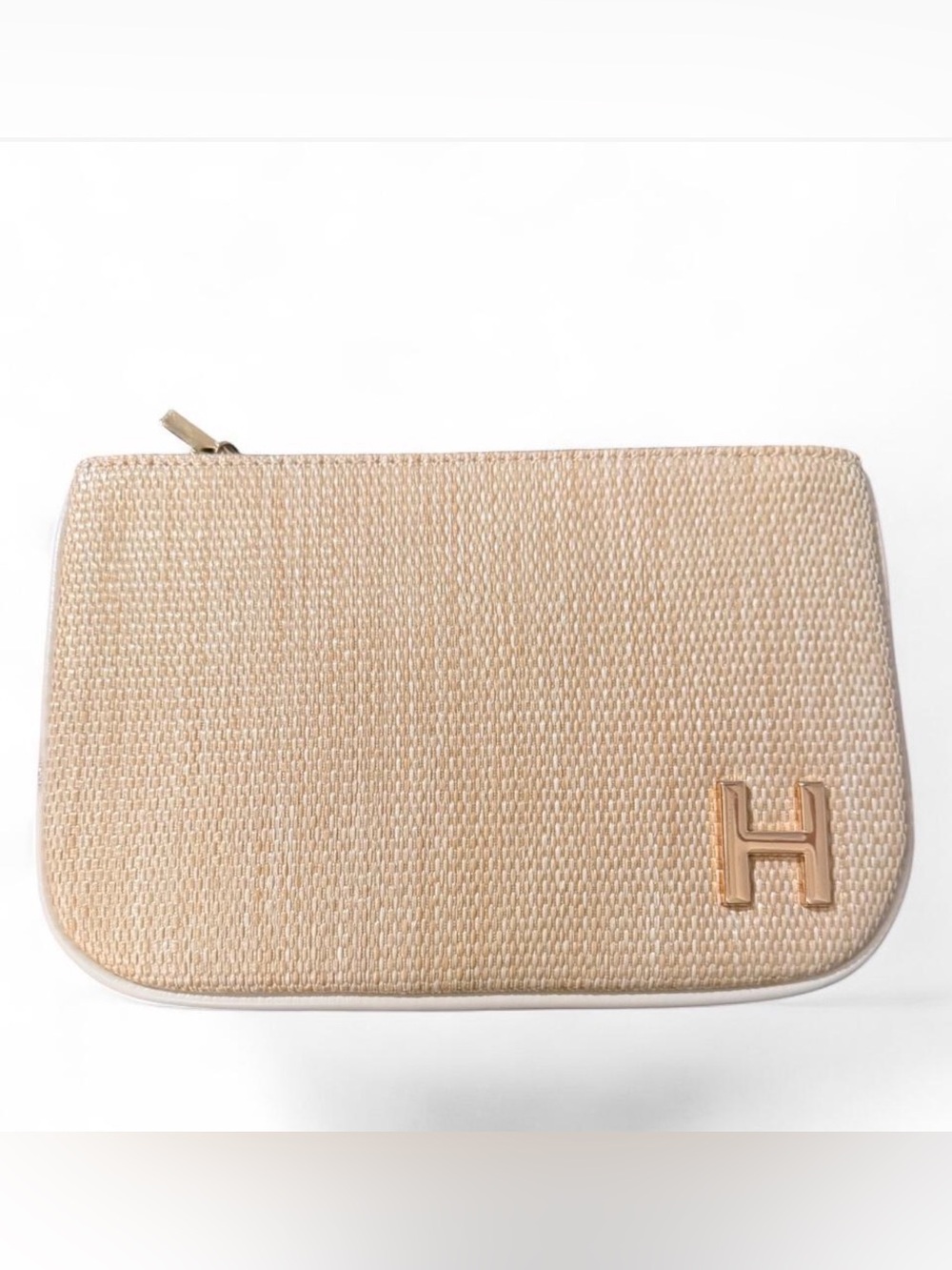 Seed Heritage cream & tan woven pouch with initial H. Gold hardware and initial.